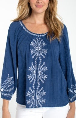 Woven 3/4 sleeve embroidered top from Liverpool Jeans featuring intricate embroidery and a stylish, relaxed fit.