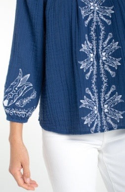 Woven 3/4 sleeve embroidered top by Liverpool Jeans, featuring intricate embroidery and a stylish woven fabric design.
