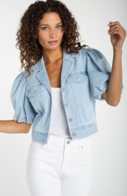 Light blue puff crop denim jacket by Liverpool Jeans, featuring a fitted style and button-up front, perfect for casual tops.