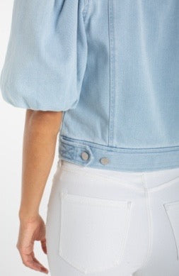 Light blue puff crop denim jacket by Liverpool Jeans, showing front view with collar, buttons, and puffed sleeves.