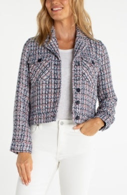 Liverpool Jeans plaid button-front jacket, a stylish tops piece featuring a classic plaid design and front button closure.