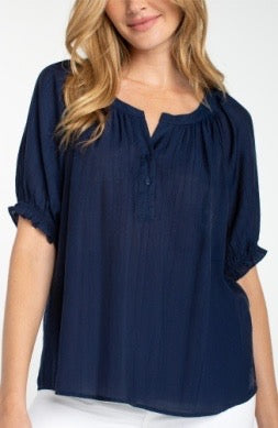 Liverpool Jeans short sleeve half-placket top, casual tops with a buttoned neckline and soft fabric, displayed on a hanger.