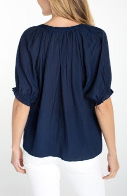 Liverpool Jeans short sleeve half-placket top in a soft fabric, featuring a stylish neckline and casual fit.