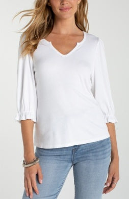 Liverpool Jeans Notch Knit 3/4 Sleeve Tee, casual tops in soft knit fabric, featuring a stylish notch detail at the neckline.