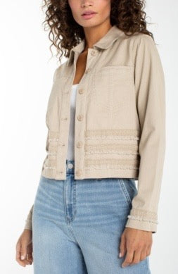 Liverpool Jeans Fray & Lace jacket, stylish tops with frayed edges and lace details, displayed on a hanger.