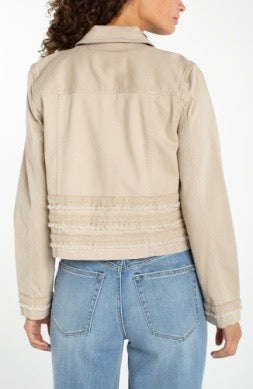 Liverpool Jeans Fray & Lace jacket, stylish denim tops with frayed edges and lace details, shown on a model with casual styling.