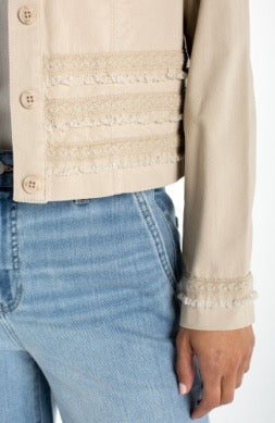 Liverpool Jeans Fray & Lace jacket, stylish tops with frayed edges and lace details, displayed on a hanger against a neutral background.