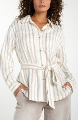 Striped belted blouse from Liverpool Jeans, featuring a stylish design and button front, worn as a versatile top or jacket.