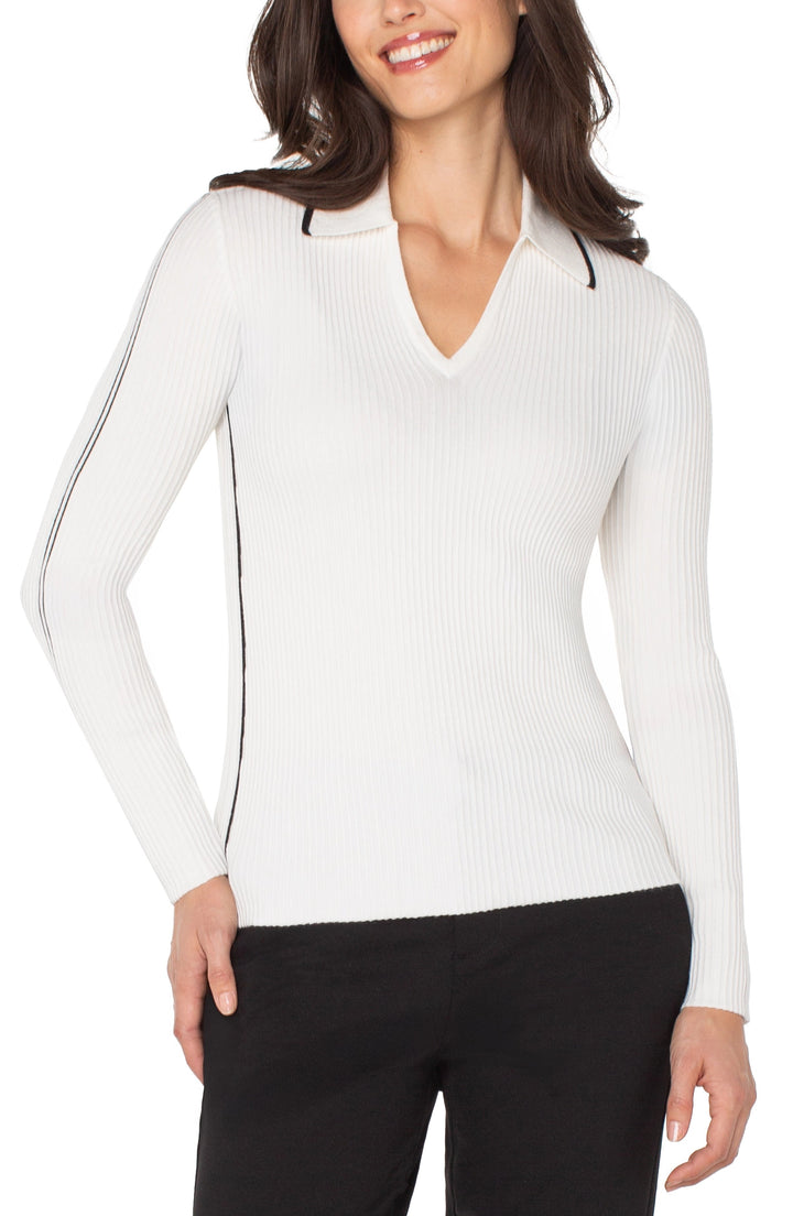 Liverpool Jeans V-Neck Side-Stripe Sweater, stylish tops with side stripes and a V-neck design, displayed on a hanger.