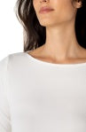 Liverpool Jeans boat neck long sleeve top, lightweight tops for women, in a soft, neutral color, shown on a model.