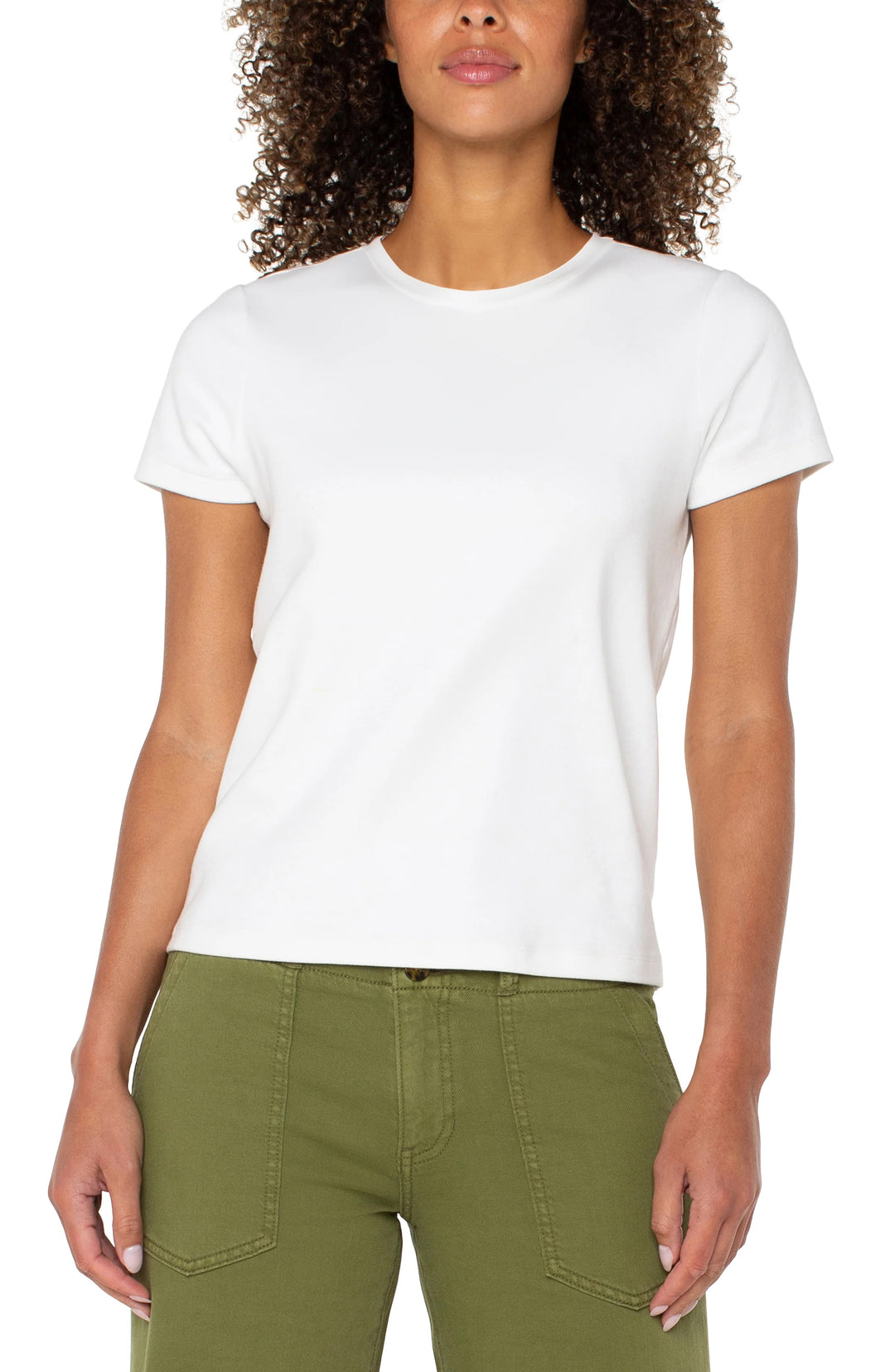 Liverpool Jeans short sleeve crew tee, casual tops in a soft fabric, shown in a close-up image highlighting the neckline and fit.