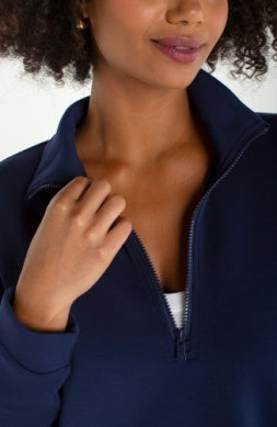 Liverpool Jeans half zip popover top, lightweight casual tops with a high neckline and relaxed fit, shown in a neutral color.
