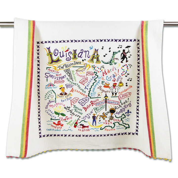 Louisiana map design on Catstudio home dish towel, featuring vibrant colors and detailed geographic illustration.