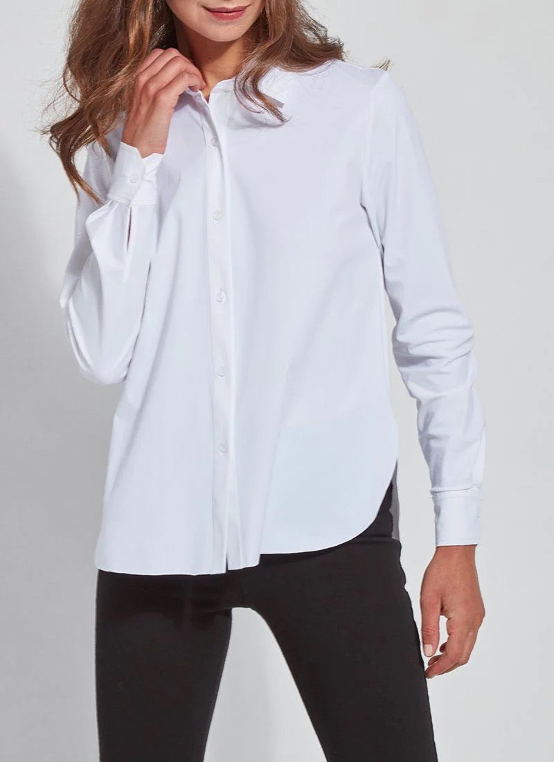 Lysse Connie Slim Button Blouse, a stylish women's blouse with slim fit and button details, shown in a natural pose.