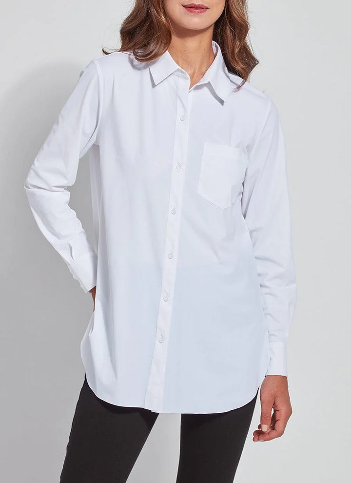 Lysse Schiffer Silky Button Blouse in soft fabric, featuring buttons and a relaxed fit, displayed on a hanger.