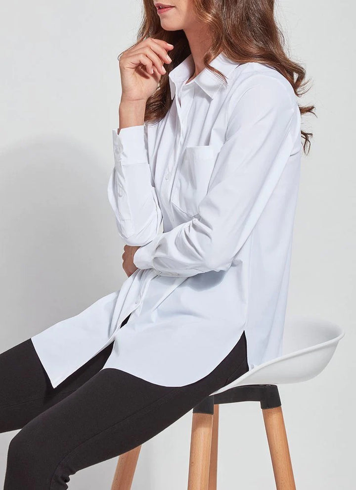 Lysse Schiffer Silky Button Blouse featuring a smooth fabric, button-down front, and elegant collar detail.