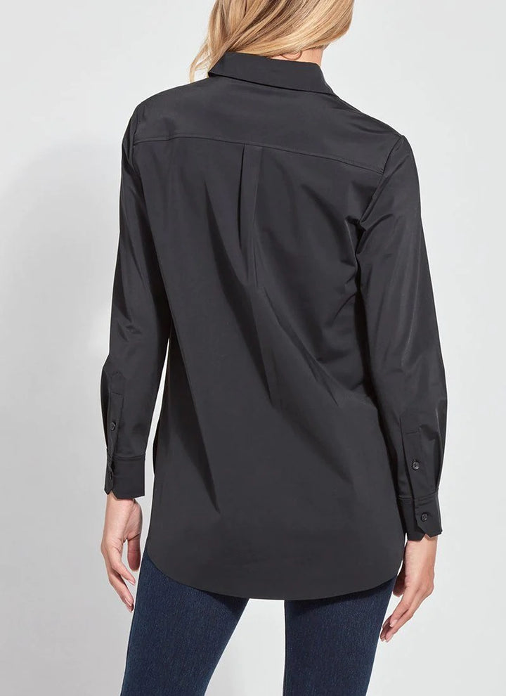 Lysse Schiffer Silky Button Blouse in light fabric, featuring a classic collar and button-front design, displayed on a hanger.
