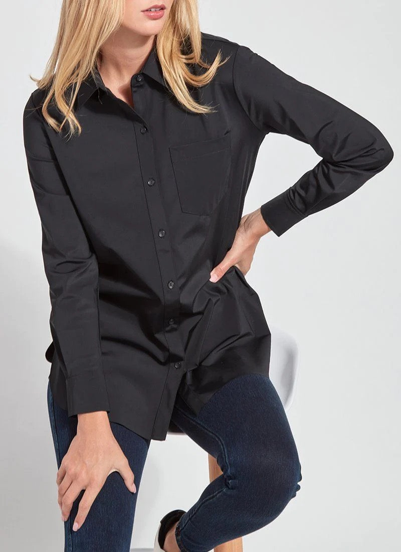 Lysse Schiffer Silky Button Blouse in soft fabric, featuring a classic button-up design and long sleeves, displayed on a hanger.