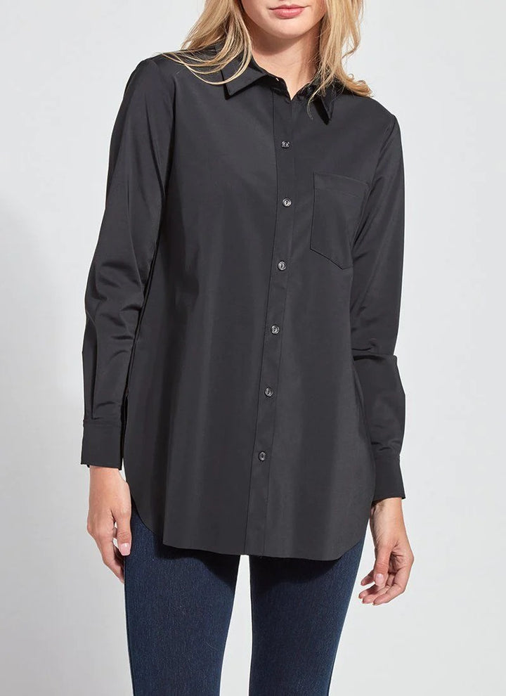 Lysse Schiffer Silky Button Blouse in silky fabric with button front, long sleeves, and classic collar, displayed on a hanger.