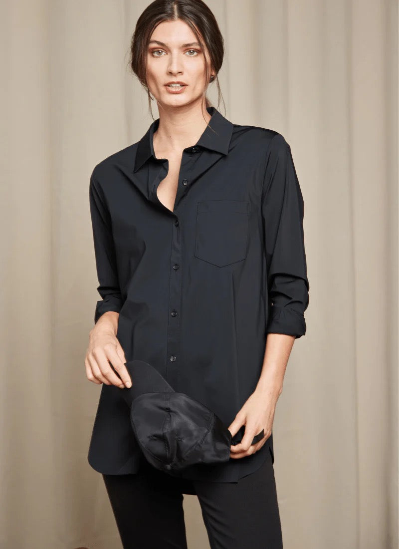 Lysse Schiffer Silky Button Blouse in soft fabric, featuring a classic collar and button-front design, displayed on a hanger.