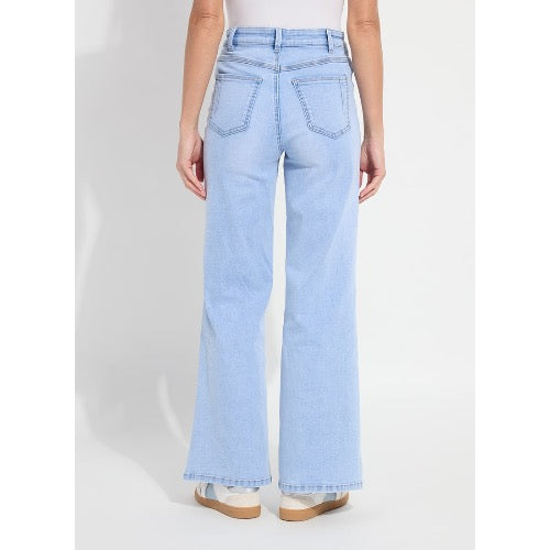 Lysse Iris 30.5-inch wide-leg jean bottoms with high waist and relaxed fit, shown on a model.