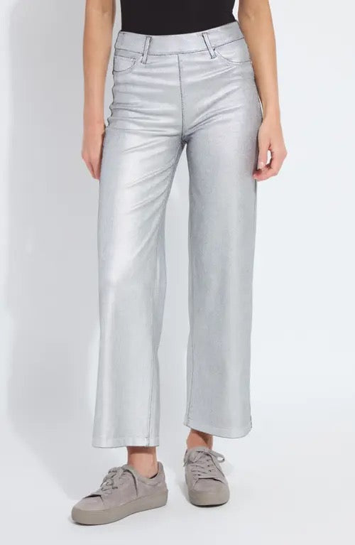 Metallic coated silver jeans from Lysse, stylish bottoms with a shiny, metallic finish and classic fit, shown on a model.