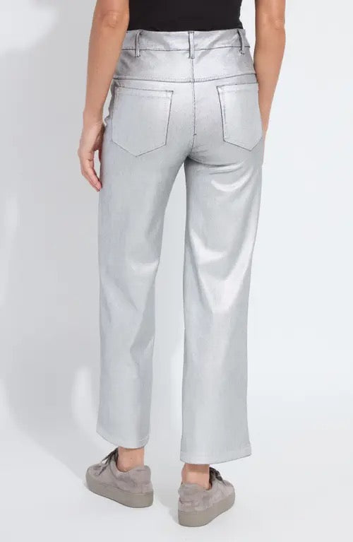 Shiny metallic coated silver jeans from Lysse, showcasing a fitted bottoms style with a sleek, reflective finish.
