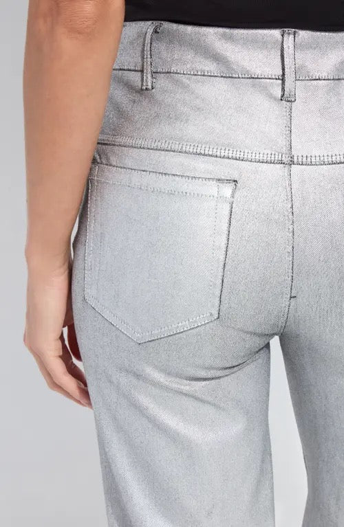 Lysse metallic coated silver jean bottoms with a shiny, reflective finish and classic fit, displayed on a neutral background.