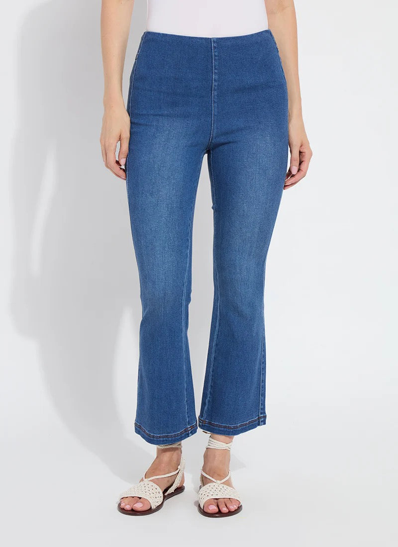 Lysse seamed stretch flare jean showing fitted waist, seamed details, and flared leg design on white background.
