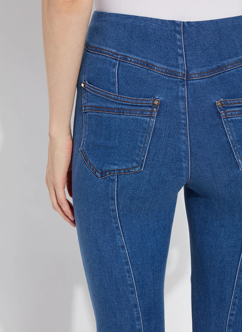 Lysse seamed stretch flare jeans featuring fitted waist, flared legs, and classic denim blue color, full-length bottoms.