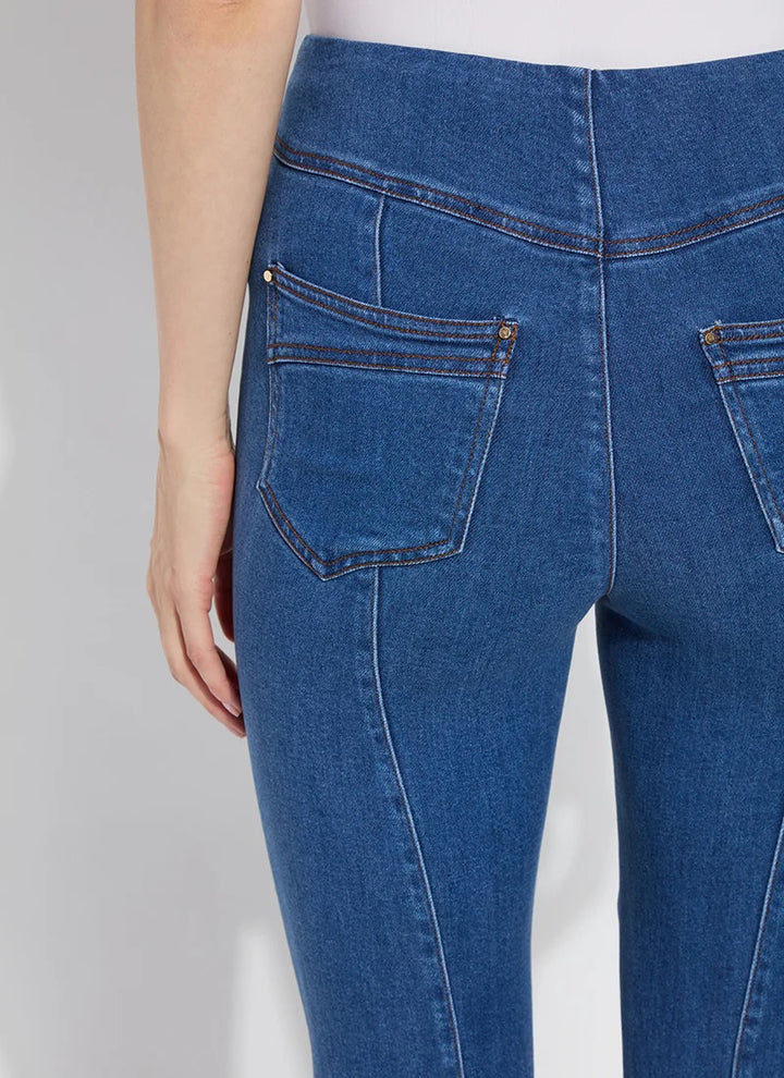 Lysse seamed stretch flare jeans featuring fitted waist, flared legs, and classic denim blue color, full-length bottoms.