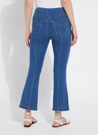 Lysse seamed stretch flare jeans for women, showing the front view with fitted waist and flared leg style.