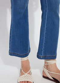 Lysse seamed stretch flare jean bottoms with fitted waist and flared leg, showcasing classic denim style and detailed stitching.