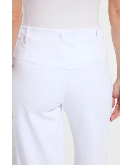 Lysse Willa Scallop White Jean bottoms with scalloped hem and fitted style, shown on a model.