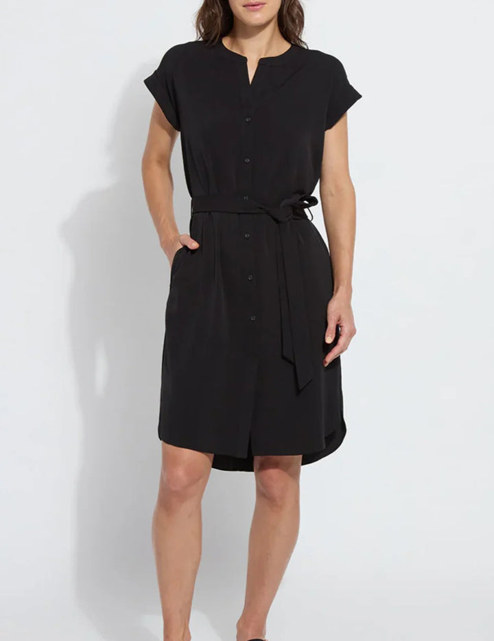 Lysse Blakely pull-on dress in black, casual and comfortable dress with a sleek fit, shown on a model.