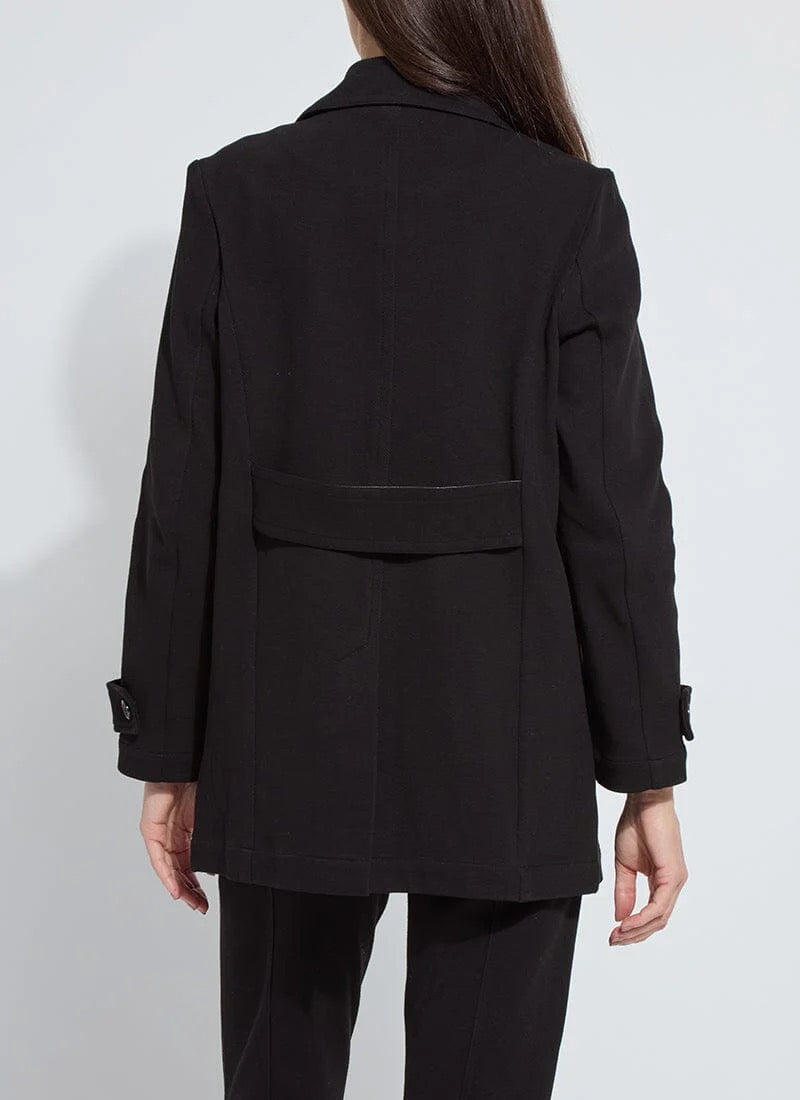 Black Alma Cavalry Peacoat by Lysse, showing the back view of the stylish, fitted peacoat for women's tops.