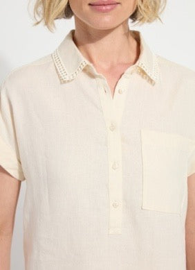Lysse Althea collar linen shirt, light beige tops with a collar and button details, casual yet stylish for warm weather.