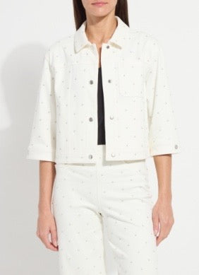Lysse Audrey Pearl Denim Jacket, stylish denim tops with pearl accents, shown on a model, front view.