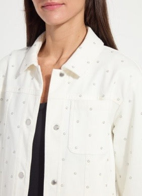 Lysse Audrey Pearl Denim Jacket, stylish denim top with pearl accents, shown on a model.