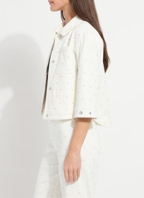 Lysse Audrey Pearl Denim Jacket, stylish women's top featuring pearl accents and classic denim design, front view.
