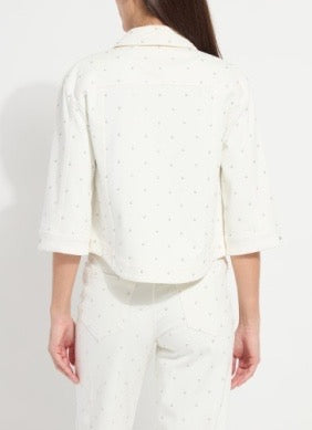 Lysse Audrey Pearl Denim Jacket, women's stylish denim tops with pearl embellishments, shown on a model.