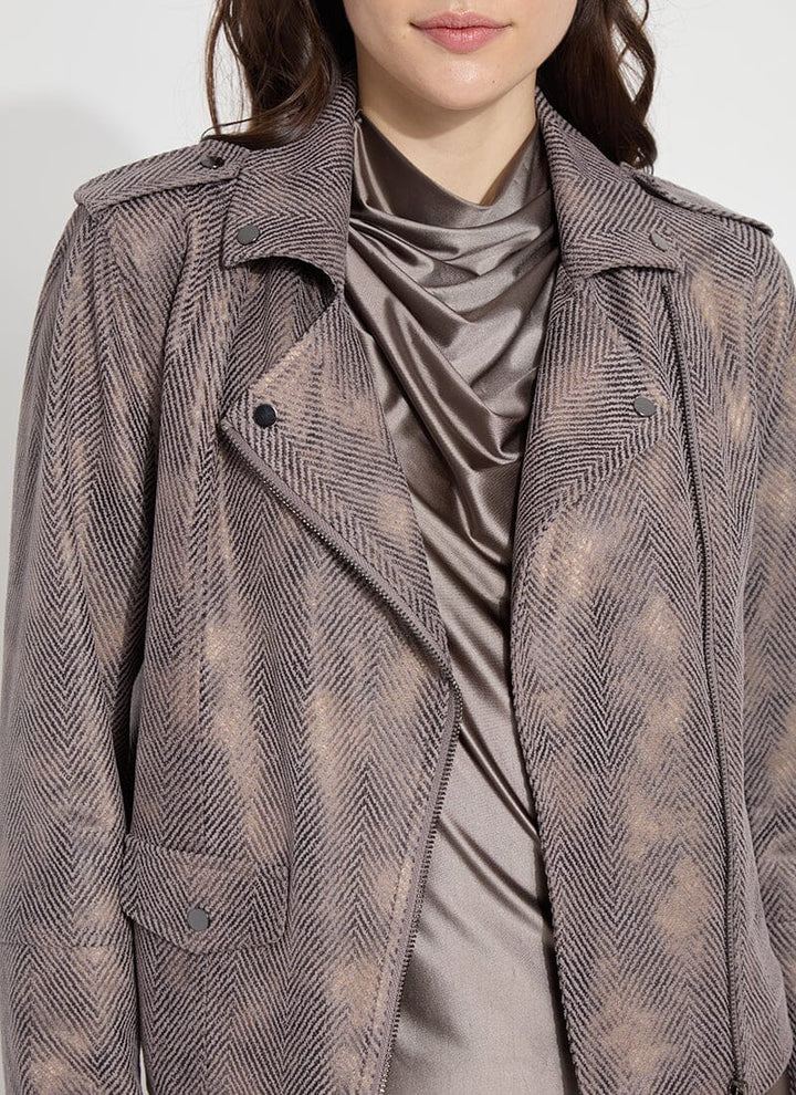 Lysse Amelia Moto Jacket in black, stylish tops with zip details and fitted design, shown on a model.