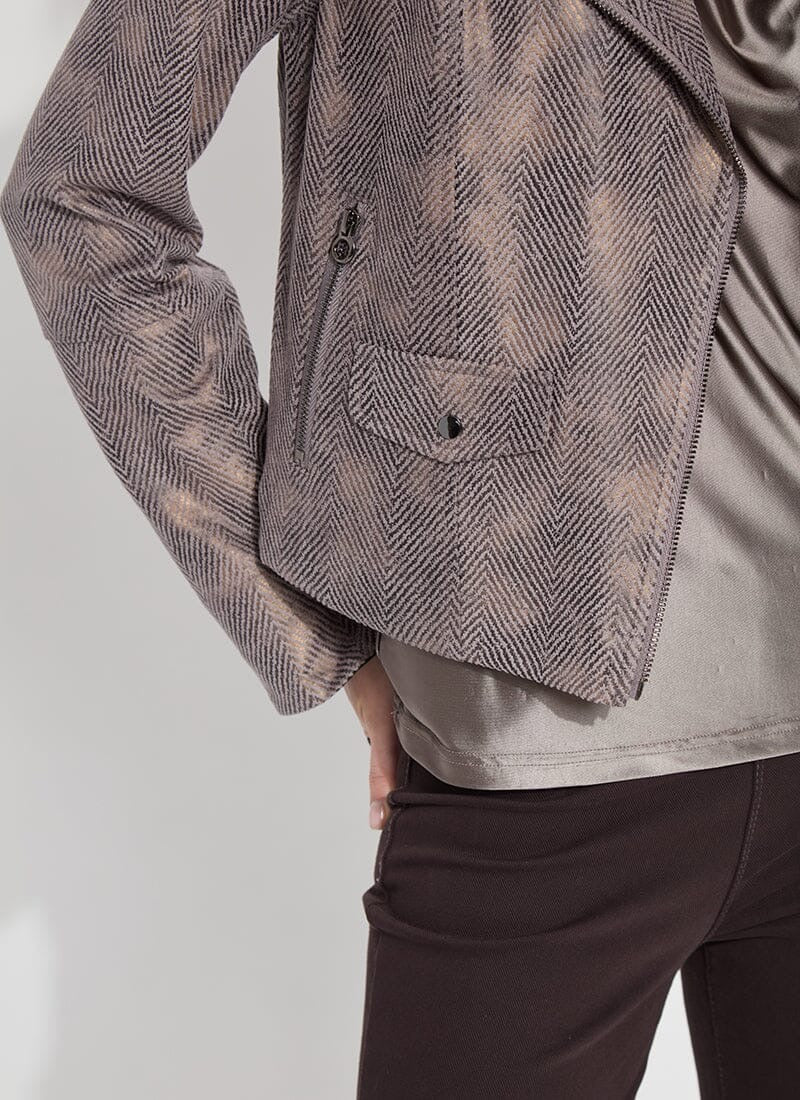 Lysse Amelia Moto Jacket, a stylish black tops with zipper details and fitted design, displayed on a hanger.