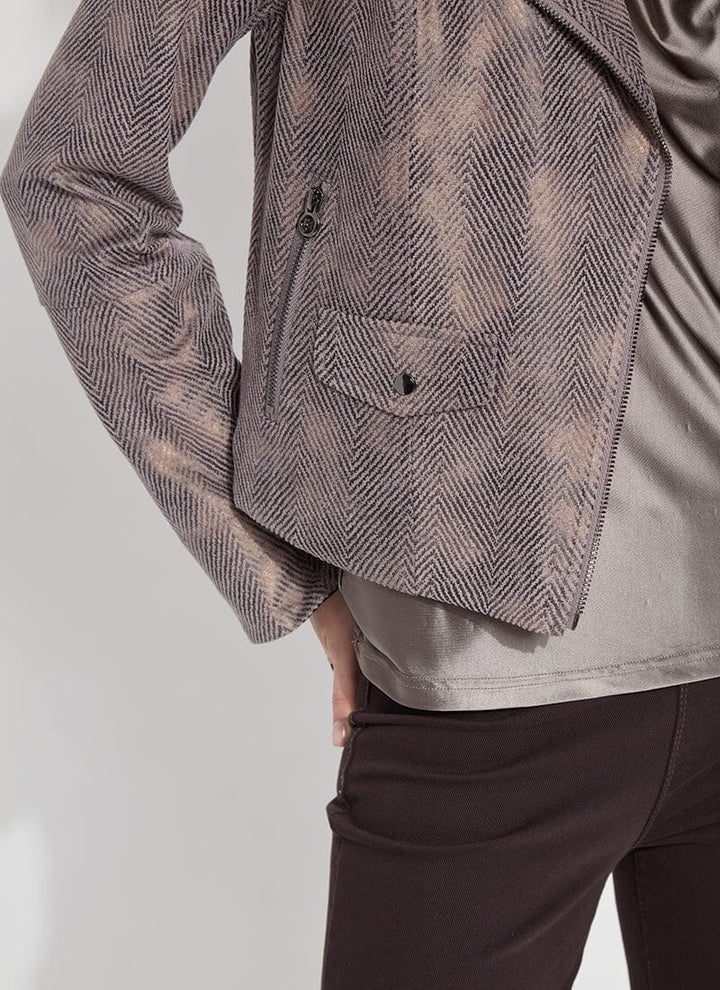 Lysse Amelia Moto Jacket, a stylish black tops with zipper details and fitted design, displayed on a hanger.