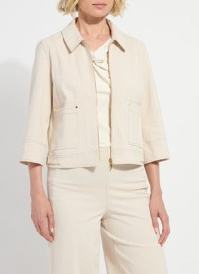 Lysse Nylah Chino Crop Jacket, stylish cotton tops, shown in a light beige color with a collar and button-front design.