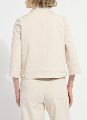 Lysse Nylah Chino Crop Jacket in beige, stylish tops with a cropped fit and tailored design, displayed on a neutral background.