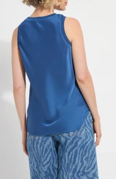 Lysse Mix-Media Tank Top, stylish tops with mixed fabric design, displayed on a hanger against a neutral background.