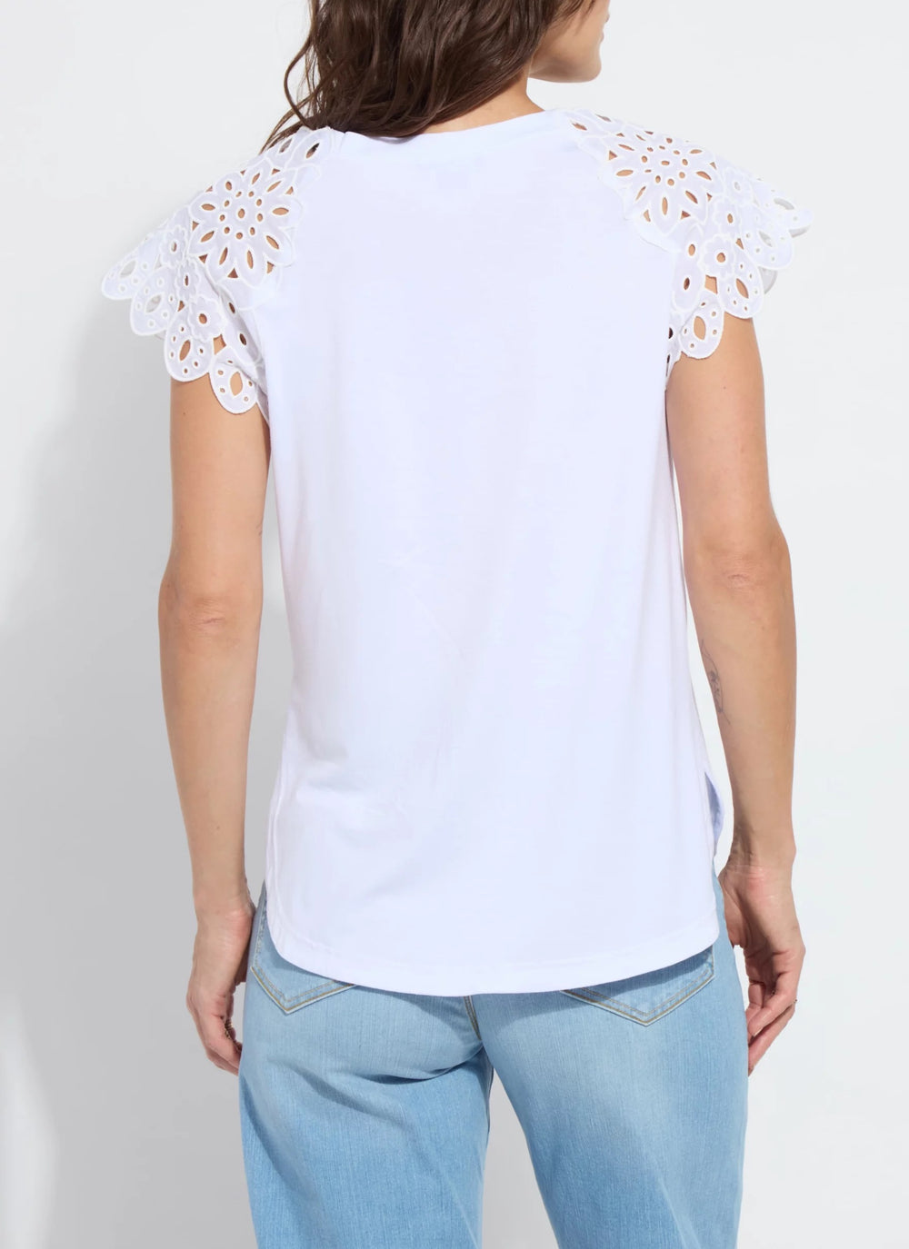 Lysse Katarina eyelet sleeve blouse featuring stylish eyelet sleeves and a classic tops design.