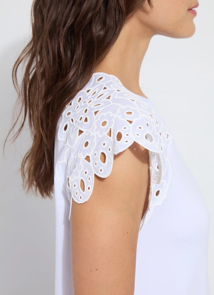 Lysse Katarina eyelet sleeve blouse, stylish tops with eyelet details and long sleeves, shown on a model.