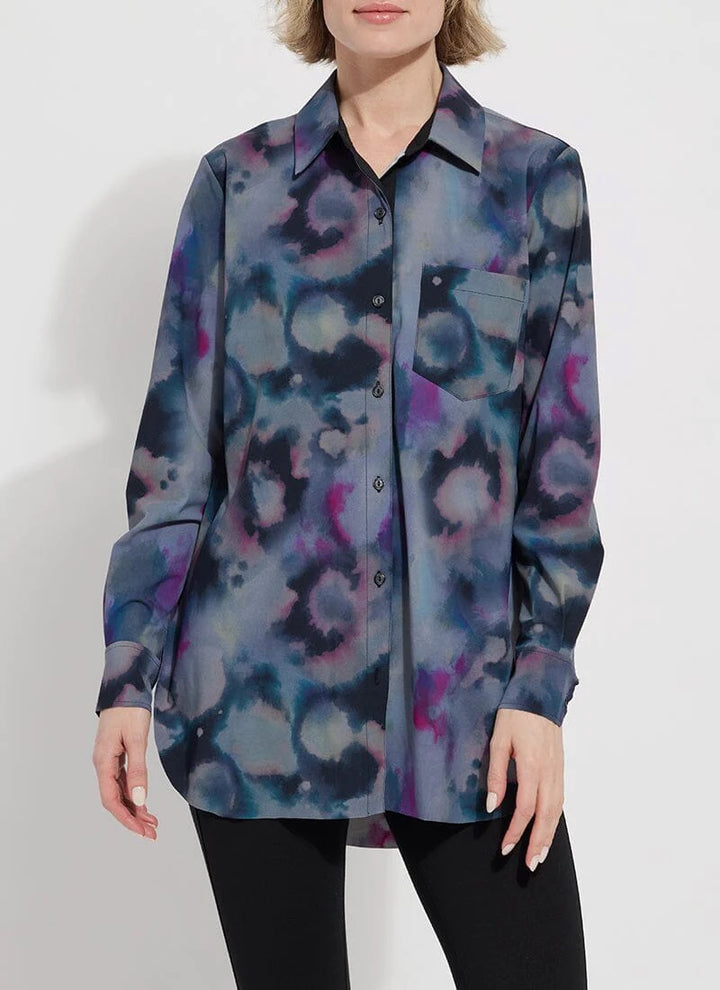 Lysse Printed Schiffer Blouse, stylish tops with a vibrant pattern, shown on a hanger against a white background.